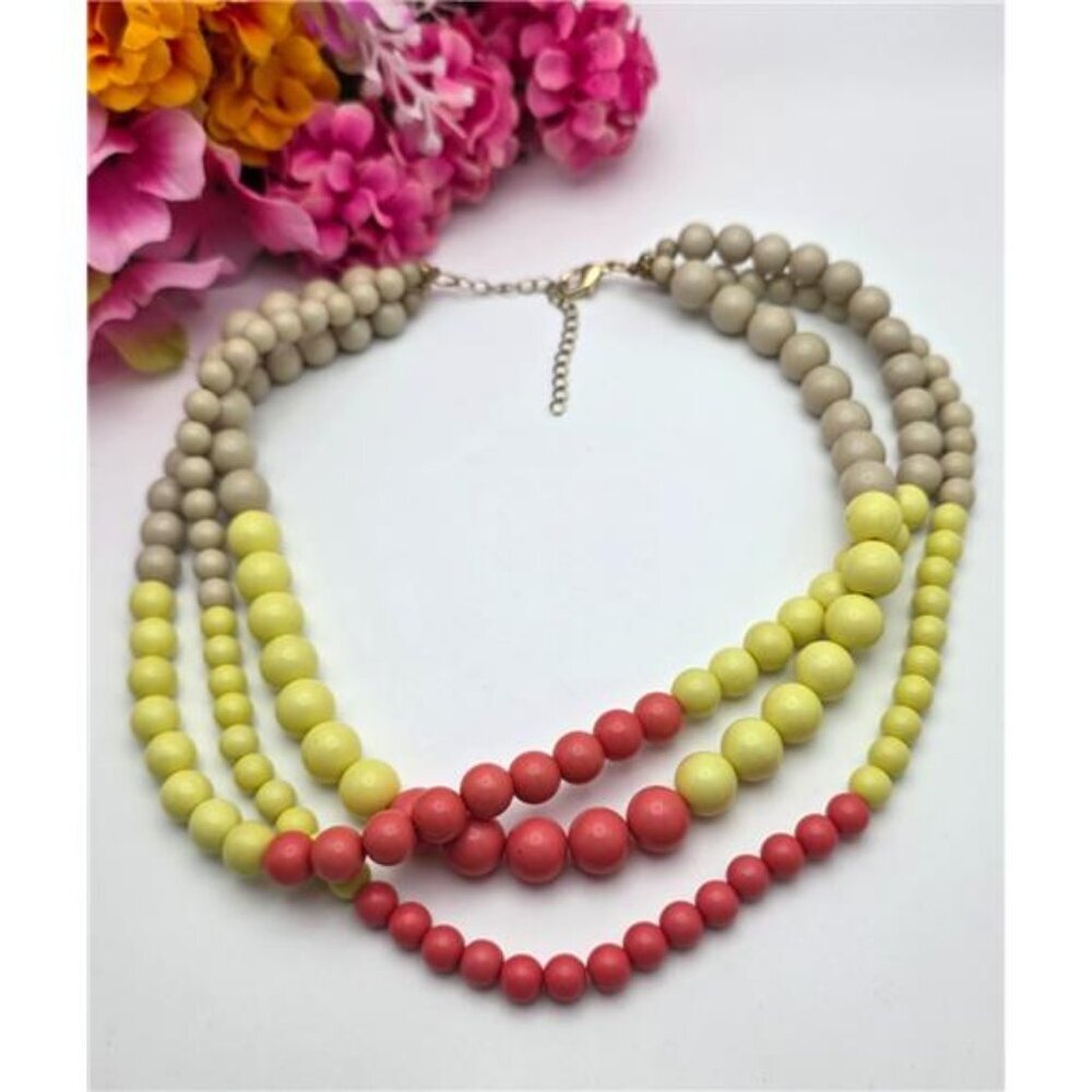 Three Strand Graduated Lucite Bead Necklace in Mocha, Yellow & Coral 20 inch adj